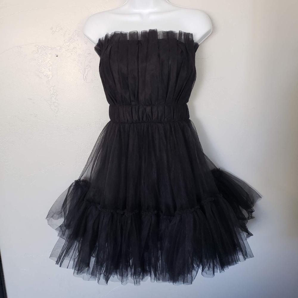 Black Tube Top Mini Dress Tulle Frilly Girly Cocktail Event Party GNO Sexy